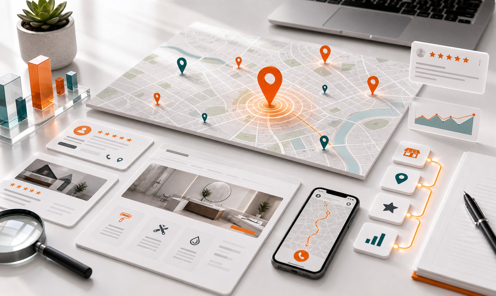 Local SEO workspace with map pins reviews service pages and mobile contact path
