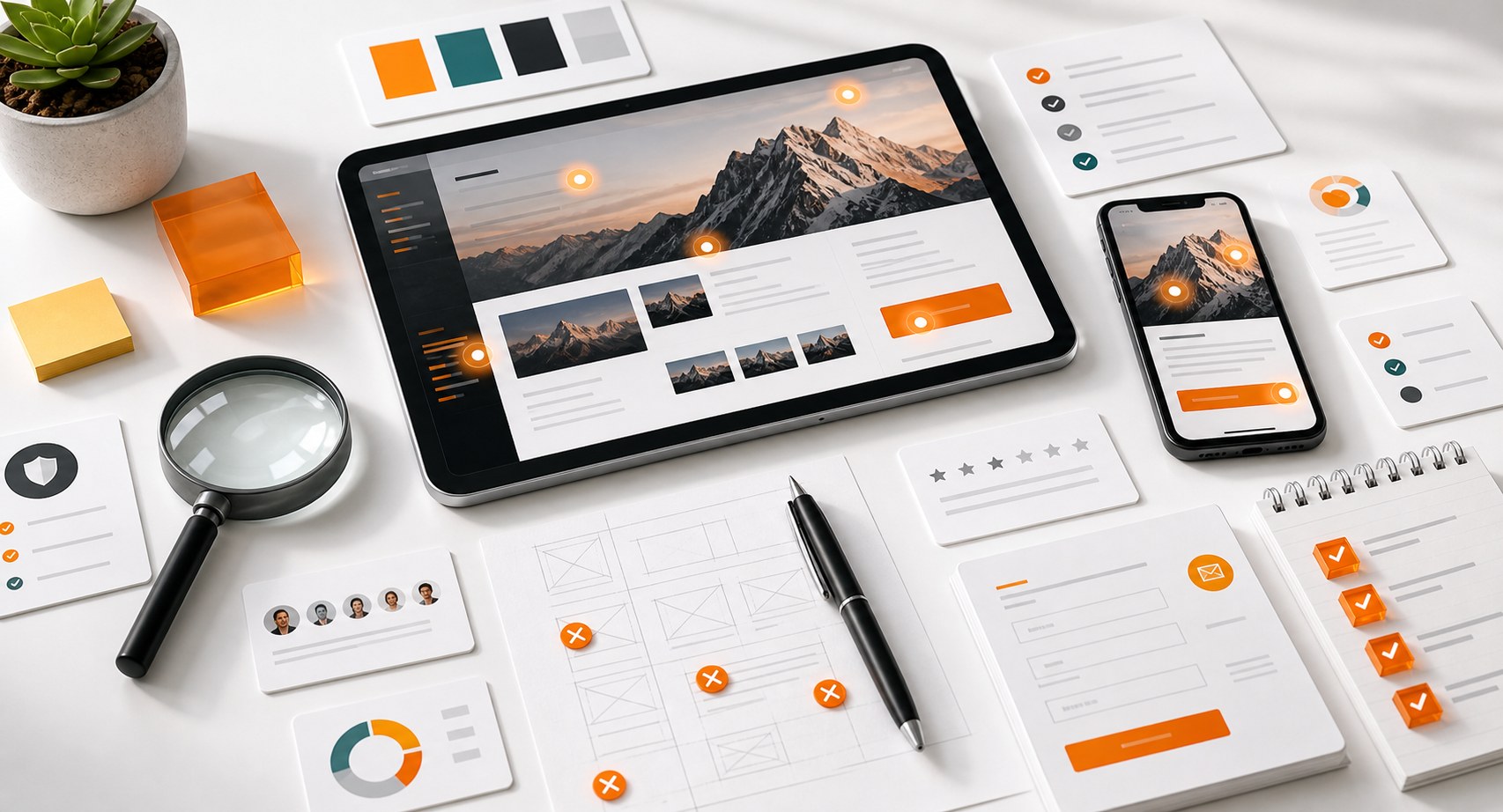 Website trust audit workspace with mobile screens credibility markers and review tools