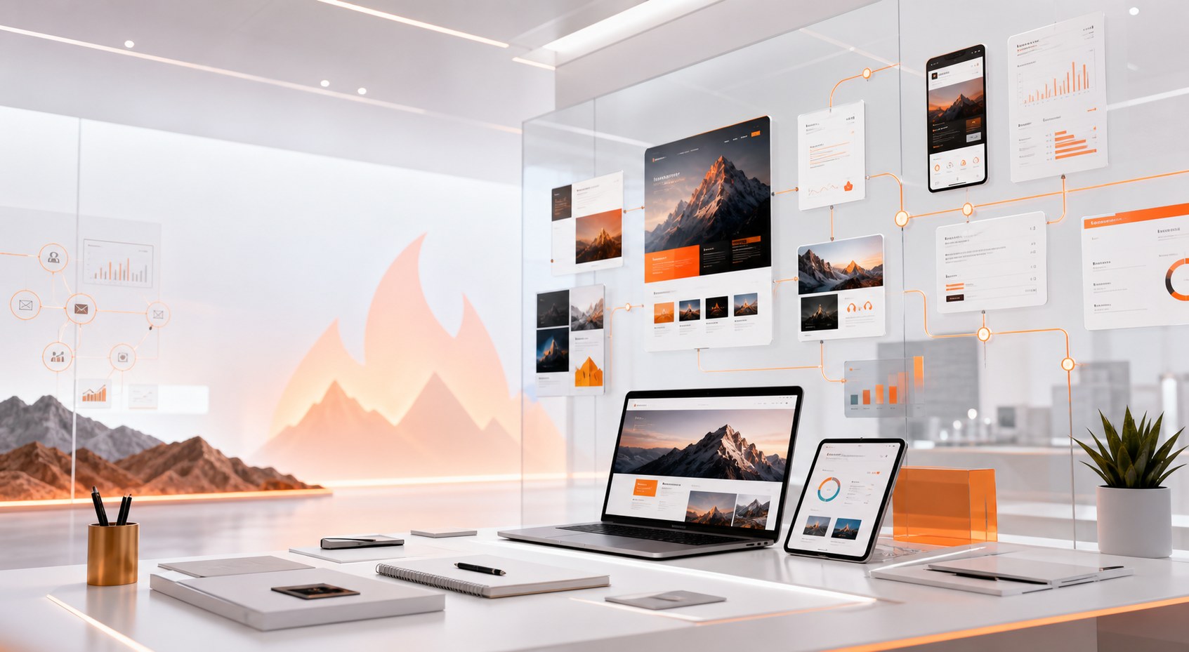 Summit Fire concept studio with mountain-inspired branding, digital screens, and connected marketing systems
