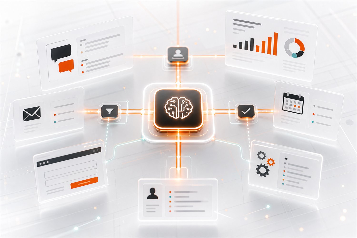 AI automation hub connecting lead forms, email, chat, CRM, calendar, and reporting panels