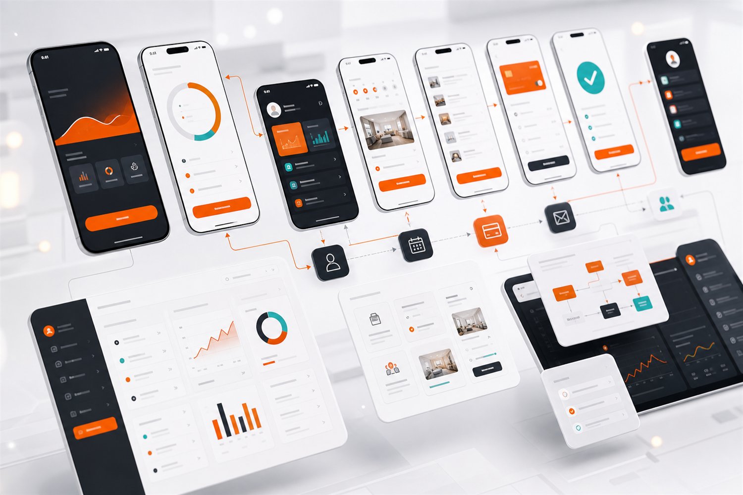 Floating mobile app screens connected into a customer journey workflow