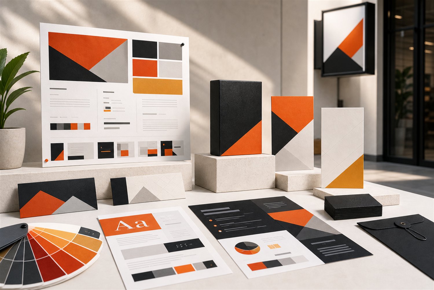 Brand identity materials with color systems, typography, signage, and packaging concepts