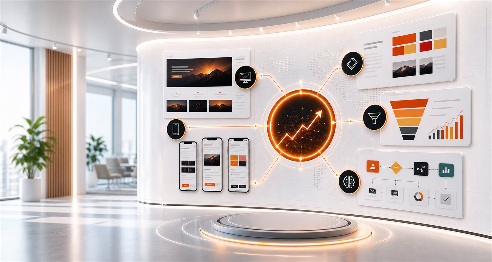 A bright command wall connecting web, apps, branding, marketing, and AI into one growth system