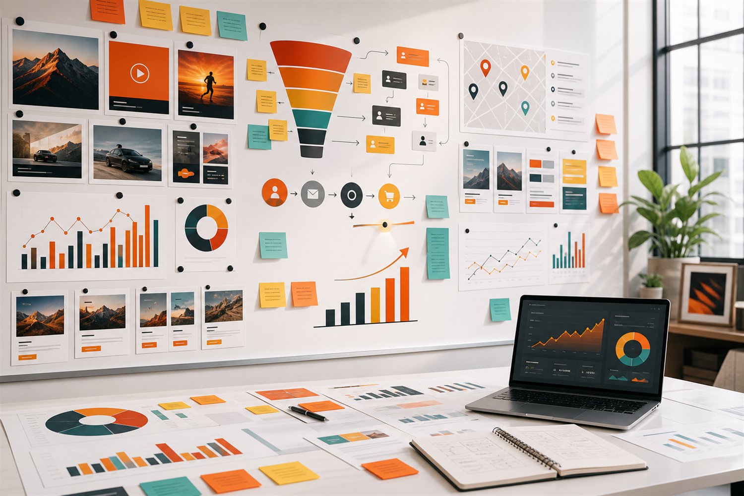 Campaign strategy wall with funnels, analytics, content tiles, and local search planning