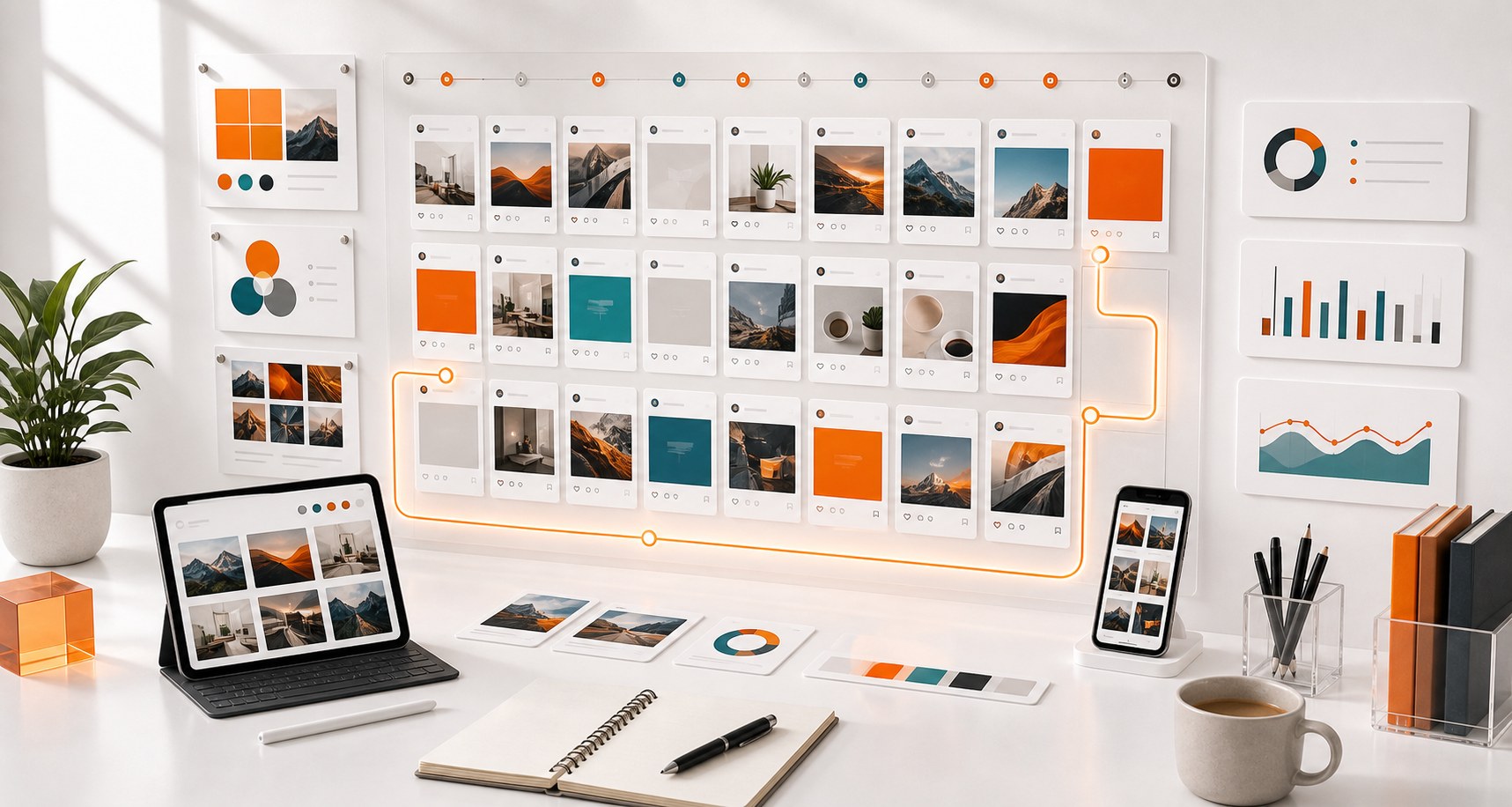 Bright content planning studio with social post mockups calendar cards and campaign rhythm markers