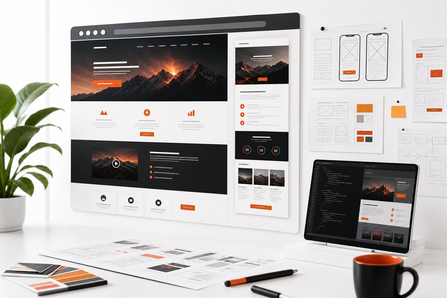 Large website design mockup with wireframes and code panels for web development